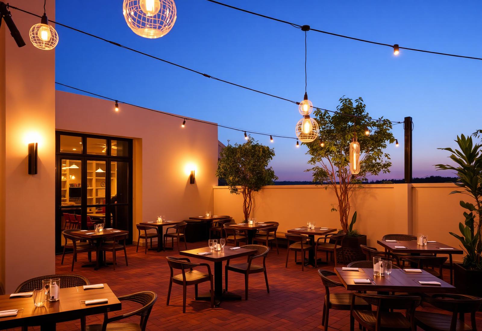 Elegant restaurant outdoor terrace with warm-toned pavers